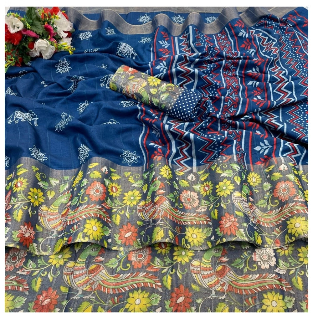 Generic Women's Silk Blend Printed Saree With Unstitched Blouse (Blue, 5-5 Mtrs)