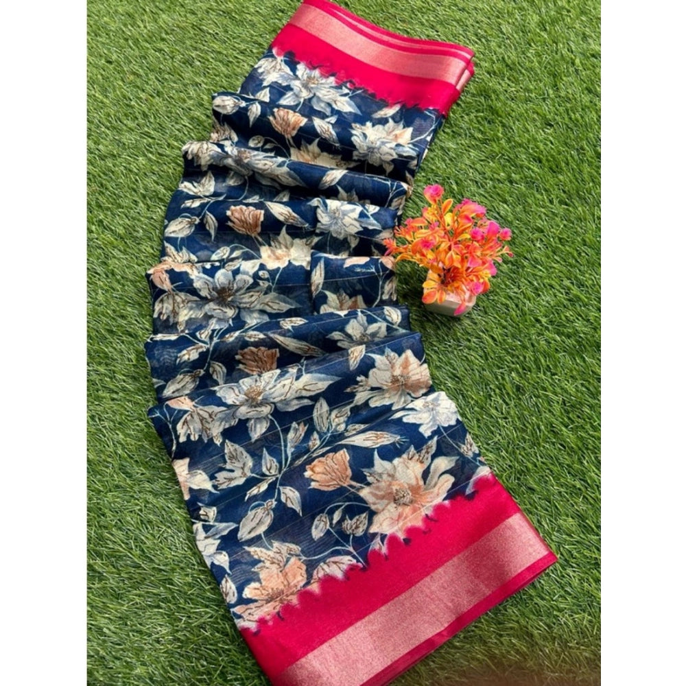 Generic Women's linen Printed Saree With Unstitched Blouse (Teal, 5-5 Mtrs)