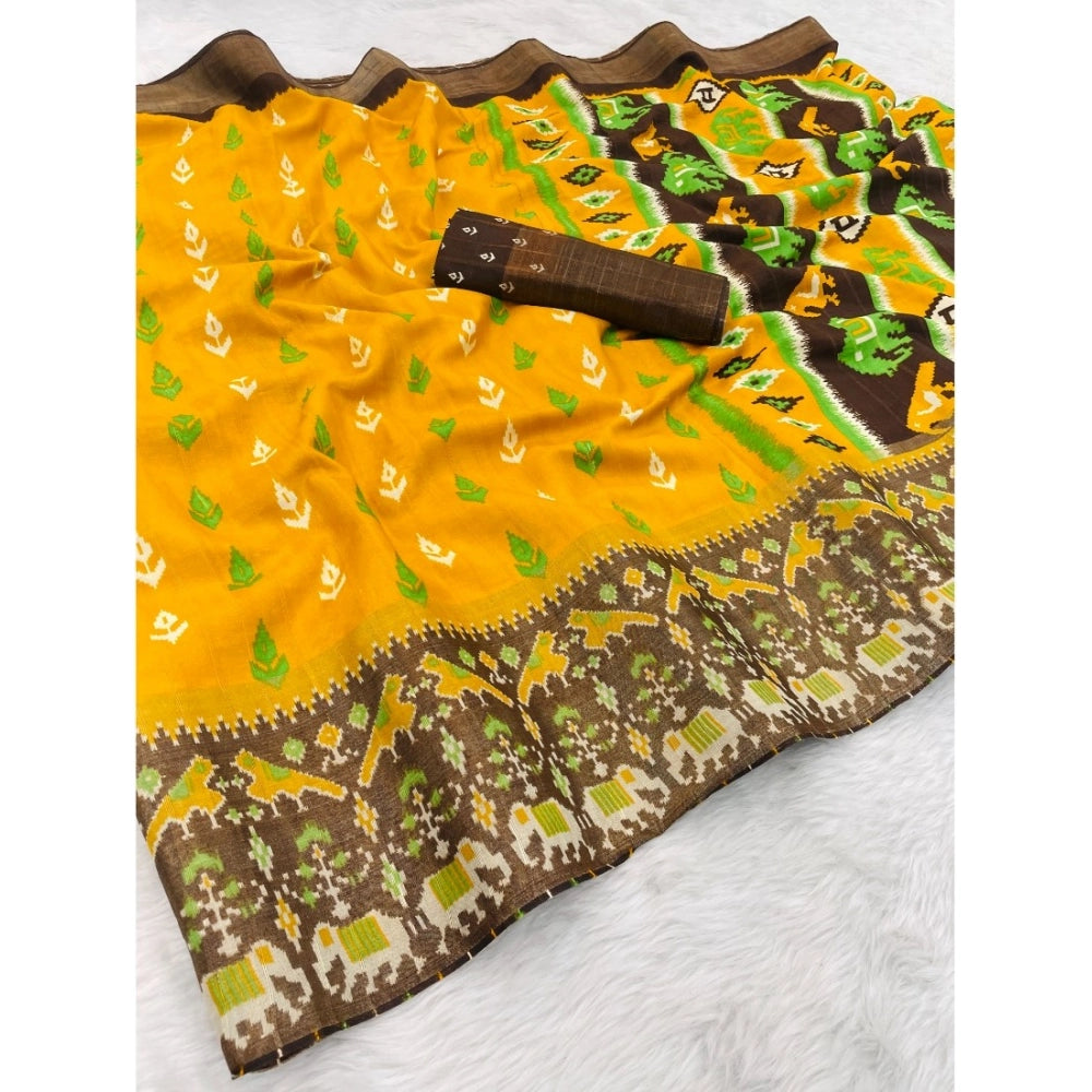 Generic Women's Silk Blend Printed Saree With Unstitched Blouse (Yellow, 5-5 Mtrs)