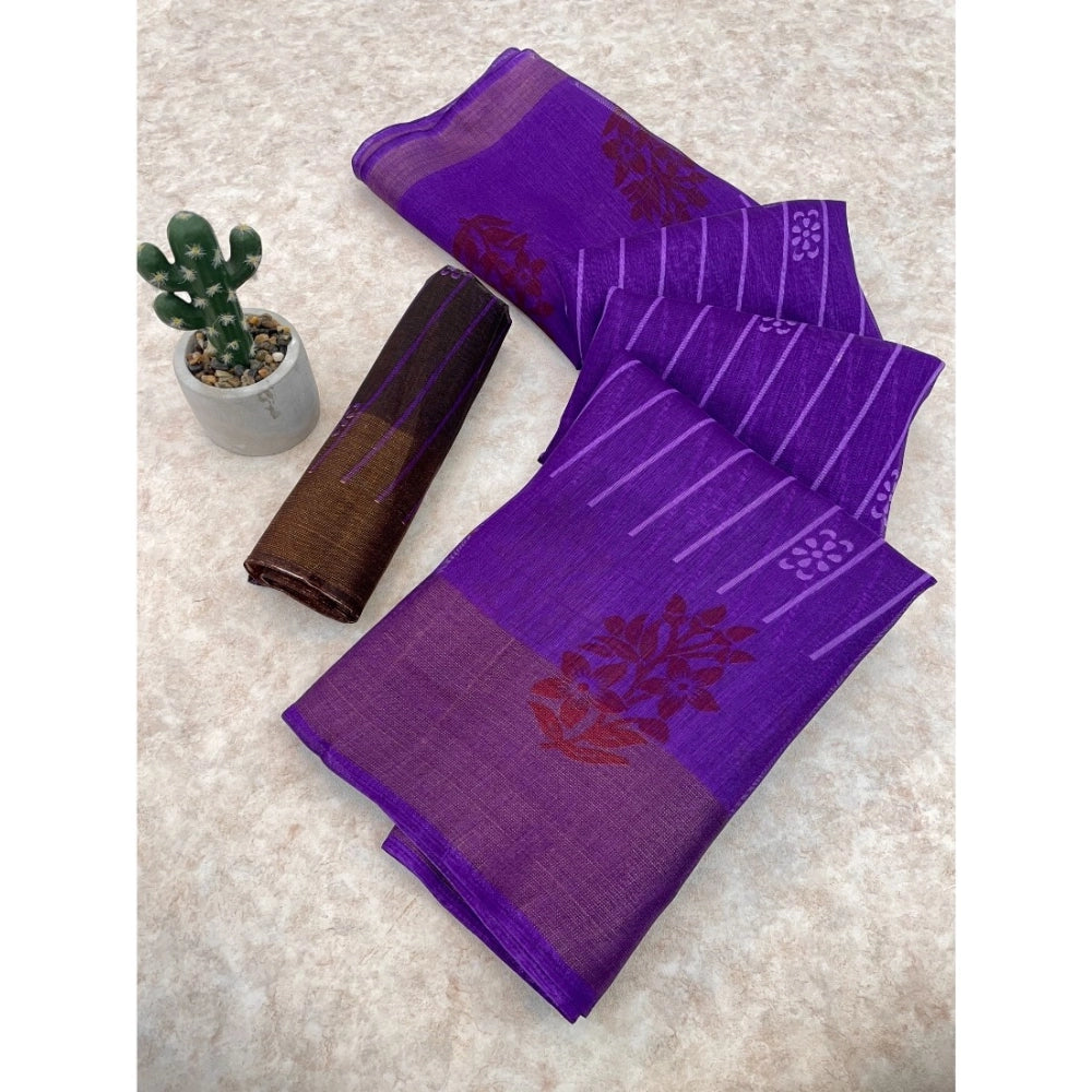 Generic Women's Cotton Blend Printed Saree With Unstitched Blouse (Purple, 5-5 Mtrs)