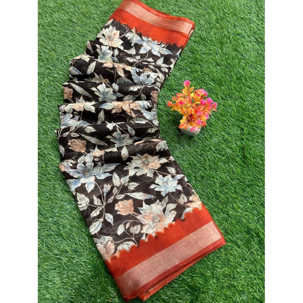 Generic Women's linen Printed Saree With Unstitched Blouse (Black, 5-5 Mtrs)