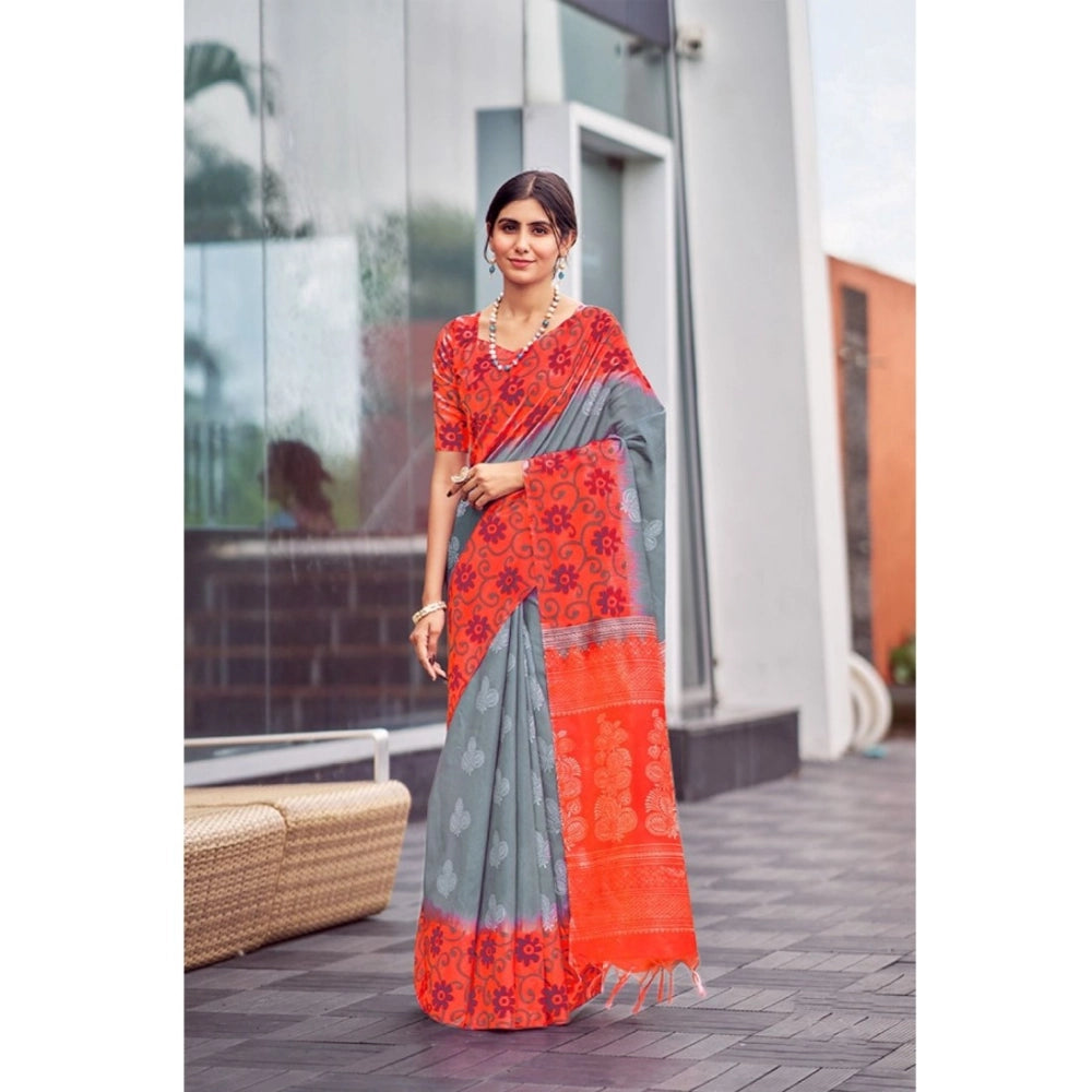 Generic Women's Cotton Blend Printed Saree With Unstitched Blouse (Grey, 5-5 Mtrs)