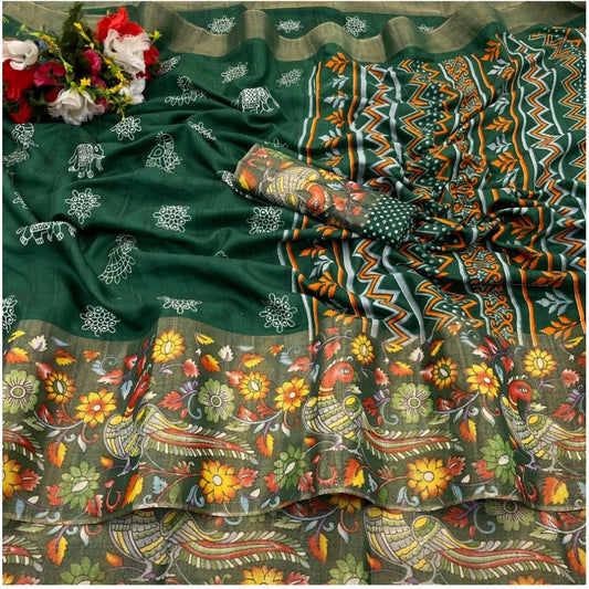 Generic Women's Silk Blend Printed Saree With Unstitched Blouse (Green, 5-5 Mtrs)