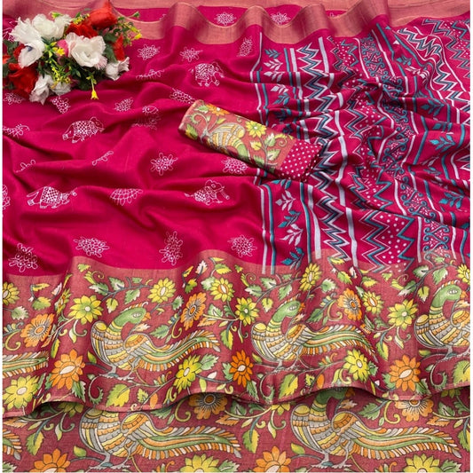 Generic Women's Silk Blend Printed Saree With Unstitched Blouse (Pink, 5-5 Mtrs)