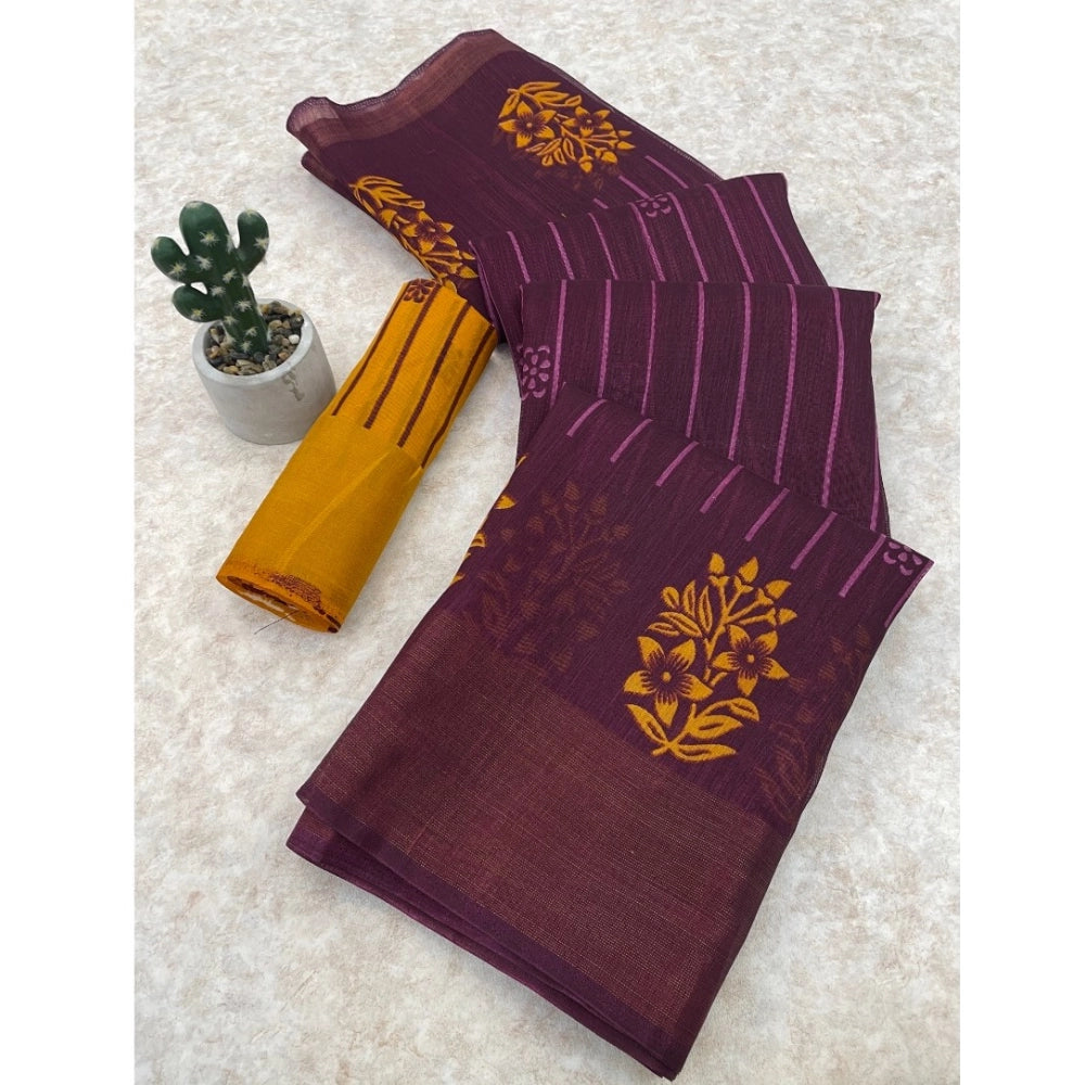 Generic Women's Cotton Blend Printed Saree With Unstitched Blouse (Magenta, 5-5 Mtrs)