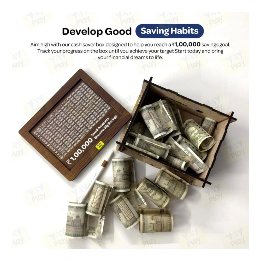 Generic Wood Piggy Bank Wooden Coin Box with Carved Design for Kids (Brown)