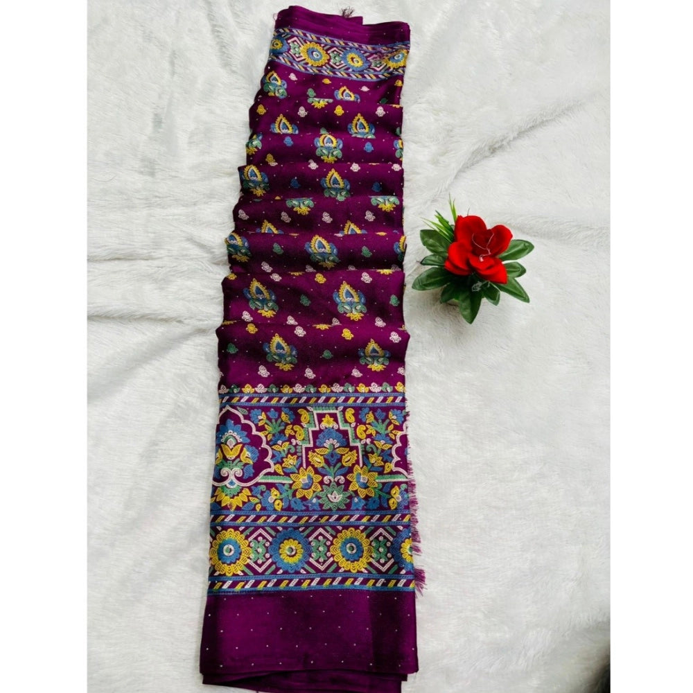 Generic Women's Chiffon Printed Saree With Unstitched Blouse (Wine, 5-5 Mtrs)