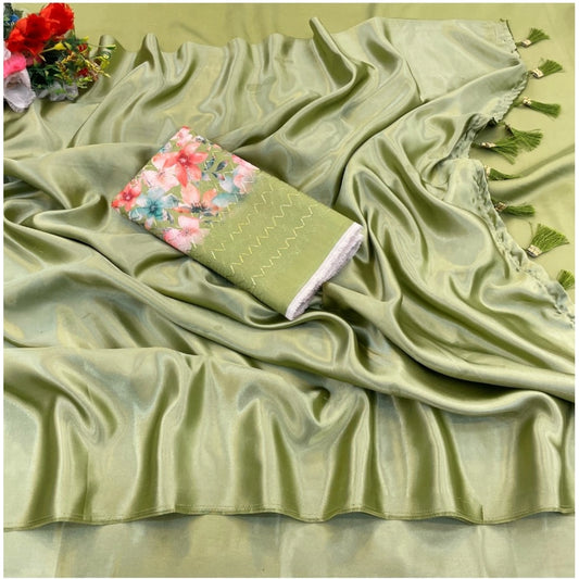 Generic Women's Satin Solid Saree With Unstitched Blouse (Mehendi, 5-5 Mtrs)