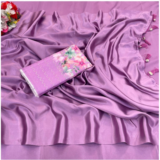 Generic Women's Satin Solid Saree With Unstitched Blouse (Purple, 5-5 Mtrs)