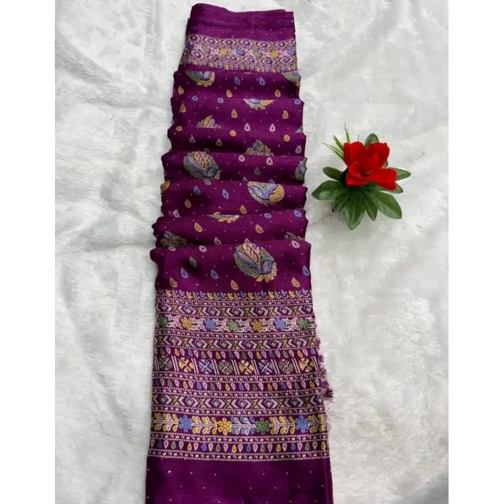 Generic Women's Chiffon Printed Saree With Unstitched Blouse (Wine, 5-5 Mtrs)