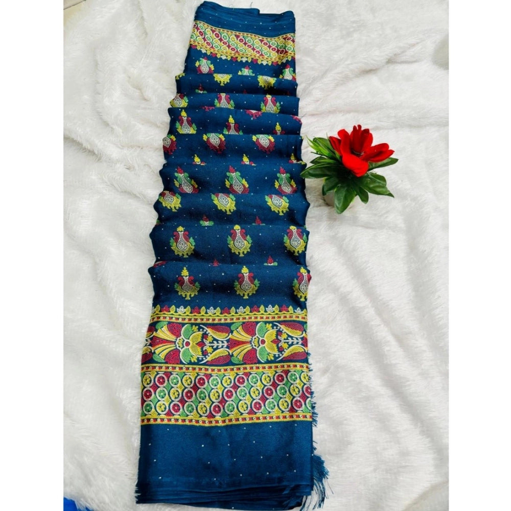 Generic Women's Silk Blend Printed Saree With Unstitched Blouse (Navy, 5-5 Mtrs)