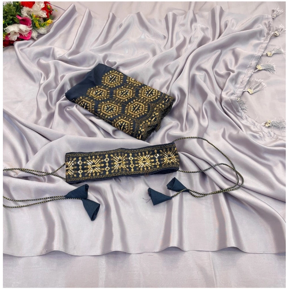 Generic Women's Satin Solid Saree With Unstitched Blouse (Grey, 5-5 Mtrs)