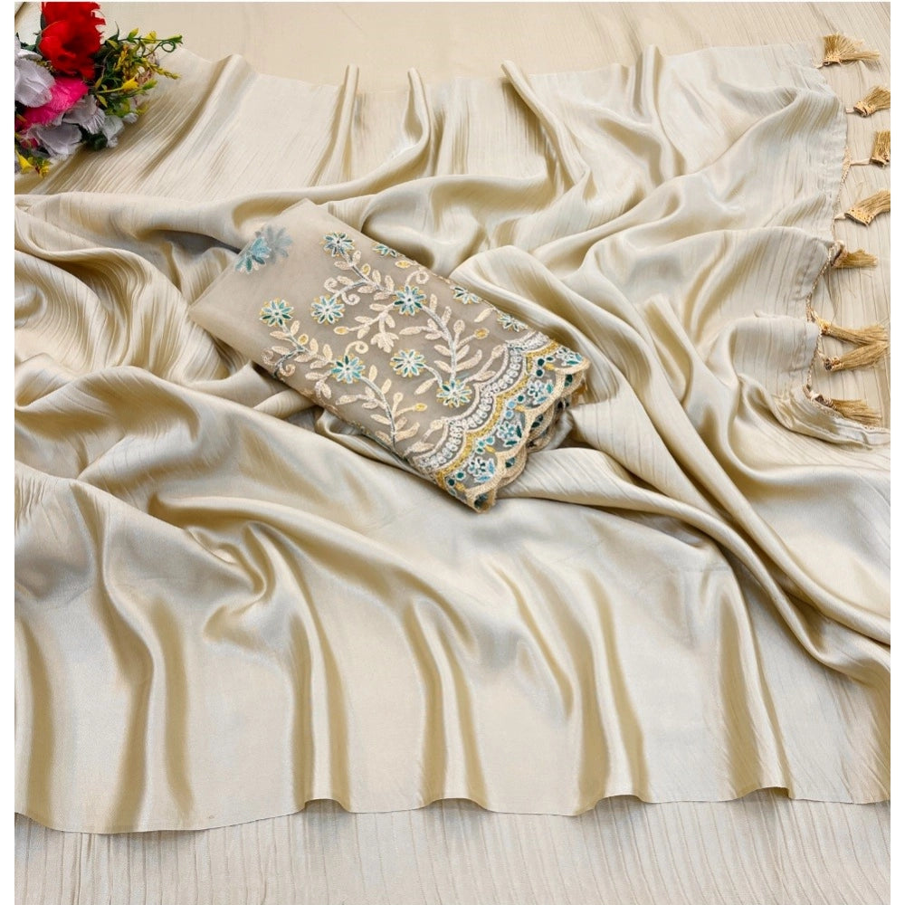 Generic Women's Satin Solid Saree With Unstitched Blouse (Yellow, 5-5 Mtrs)