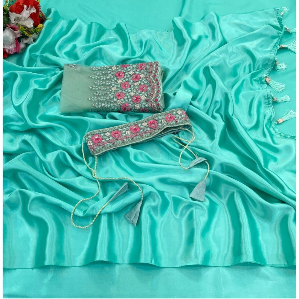 Generic Women's Satin Solid Saree With Unstitched Blouse (Skyblue, 5-5 Mtrs)