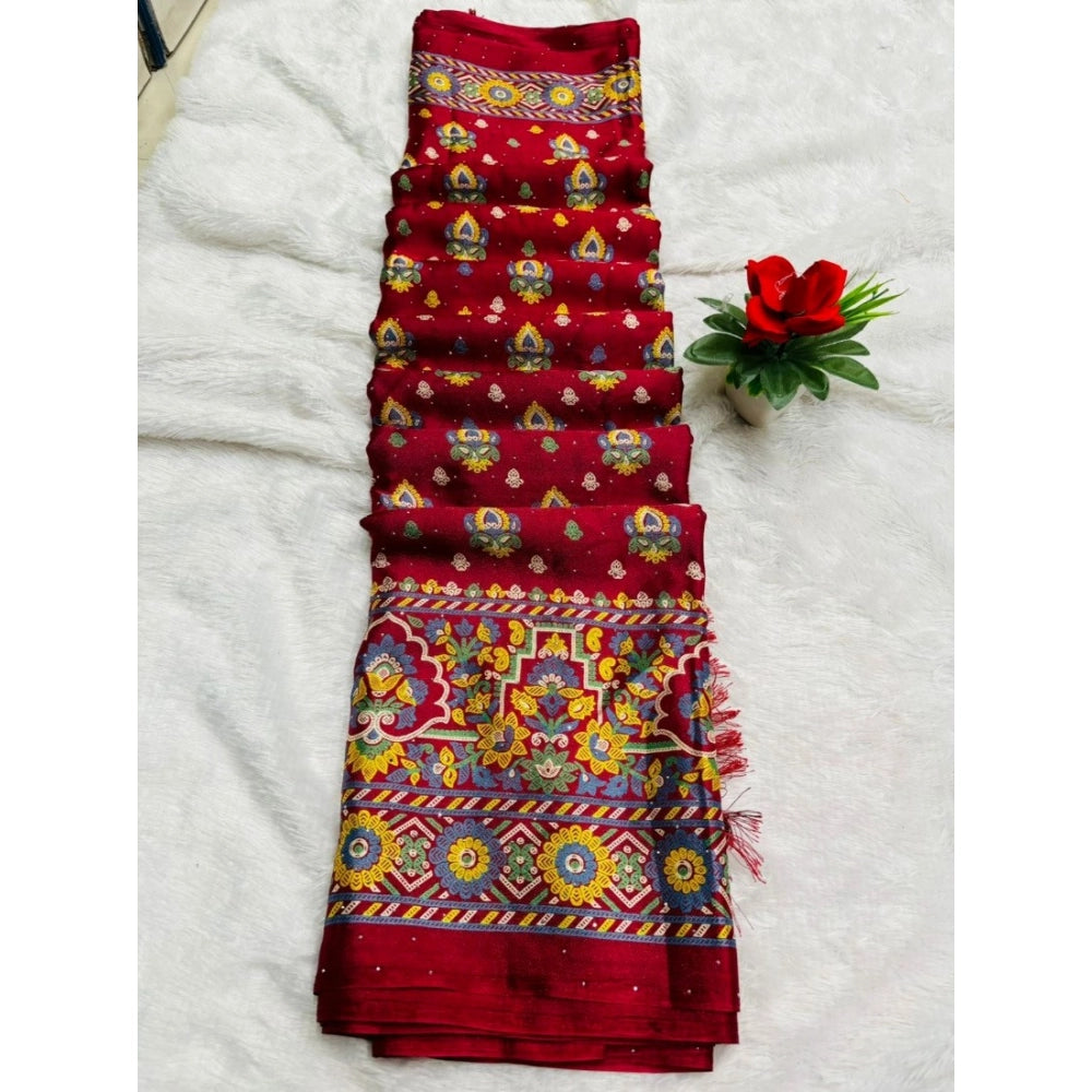 Generic Women's Chiffon Printed Saree With Unstitched Blouse (Red, 5-5 Mtrs)