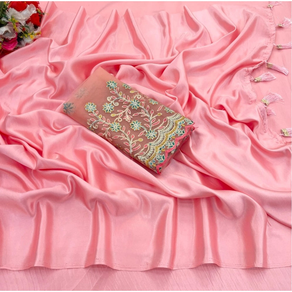 Generic Women's Satin Solid Saree With Unstitched Blouse (Pink, 5-5 Mtrs)