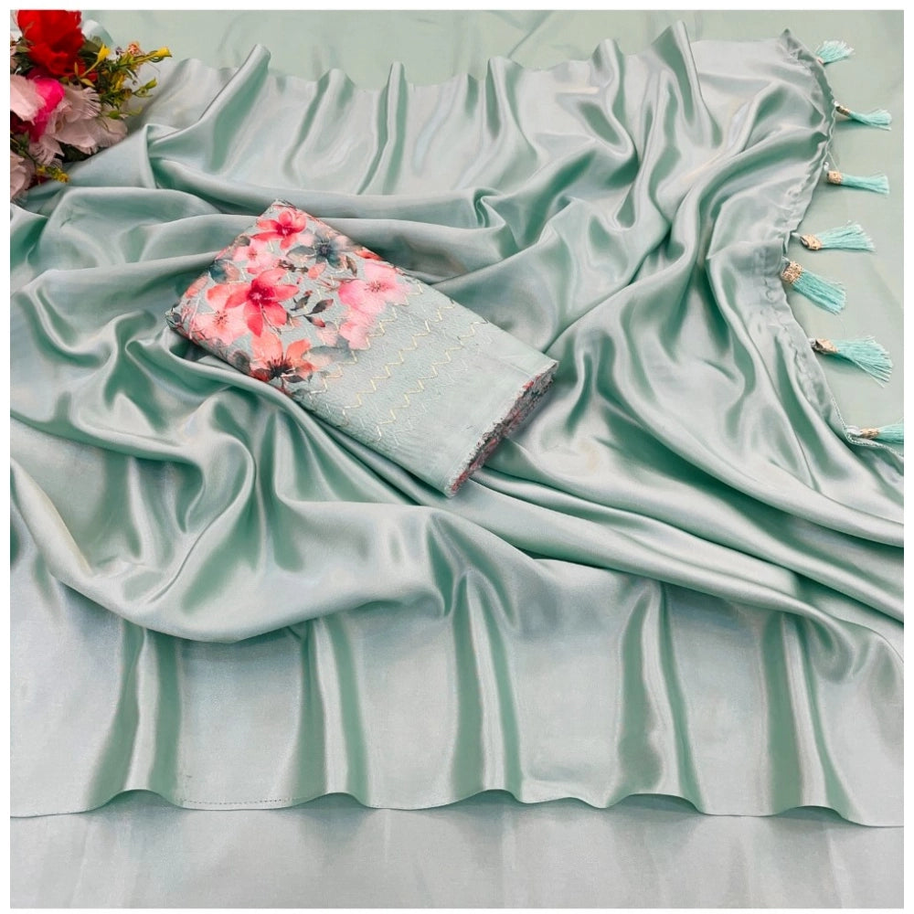 Generic Women's Satin Solid Saree With Unstitched Blouse (Lightgreen, 5-5 Mtrs)