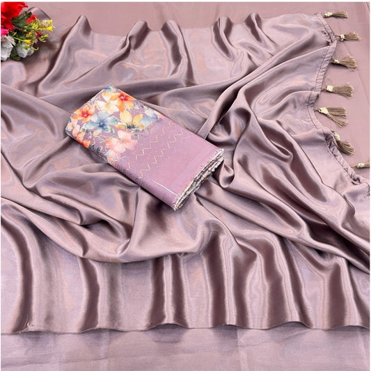 Generic Women's Satin Solid Saree With Unstitched Blouse (Lavender, 5-5 Mtrs)