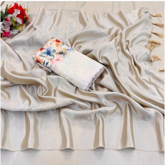 Generic Women's Satin Solid Saree With Unstitched Blouse (White, 5-5 Mtrs)