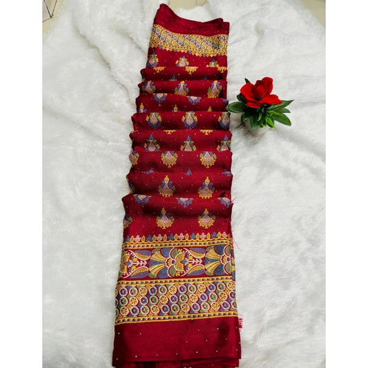 Generic Women's Silk Blend Printed Saree With Unstitched Blouse (Red, 5-5 Mtrs)