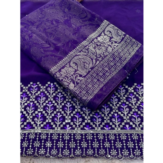 Generic Women's Georgette Printed Saree With Unstitched Blouse (Purple, 5-5 Mtrs)