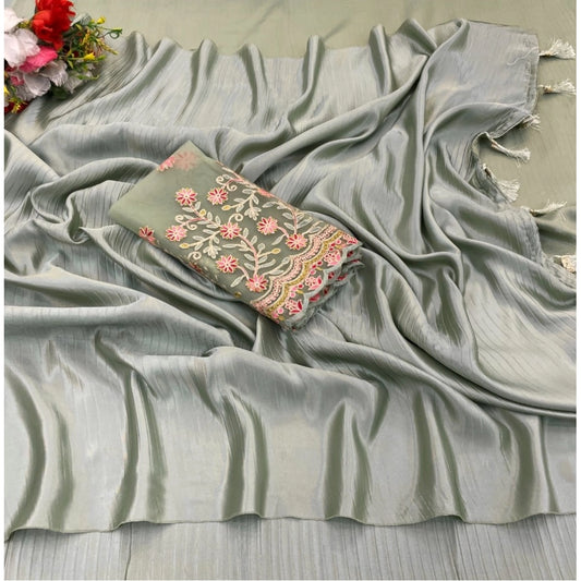 Generic Women's Satin Solid Saree With Unstitched Blouse (Grey, 5-5 Mtrs)