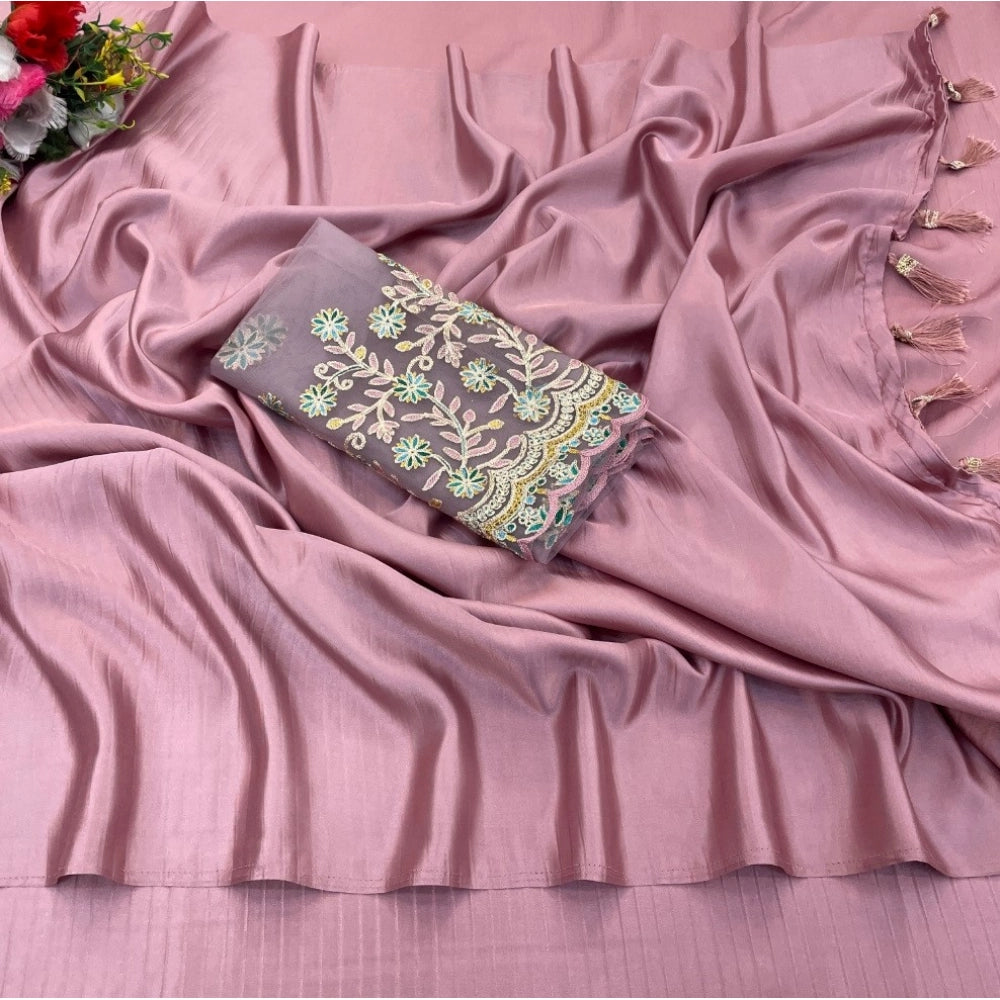 Generic Women's Satin Solid Saree With Unstitched Blouse (Maroon, 5-5 Mtrs)