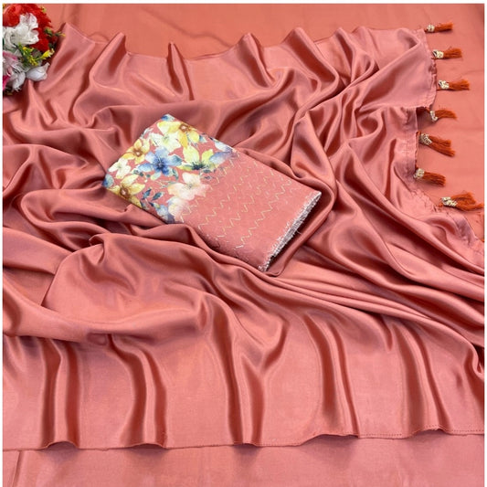 Generic Women's Satin Solid Saree With Unstitched Blouse (Orange, 5-5 Mtrs)