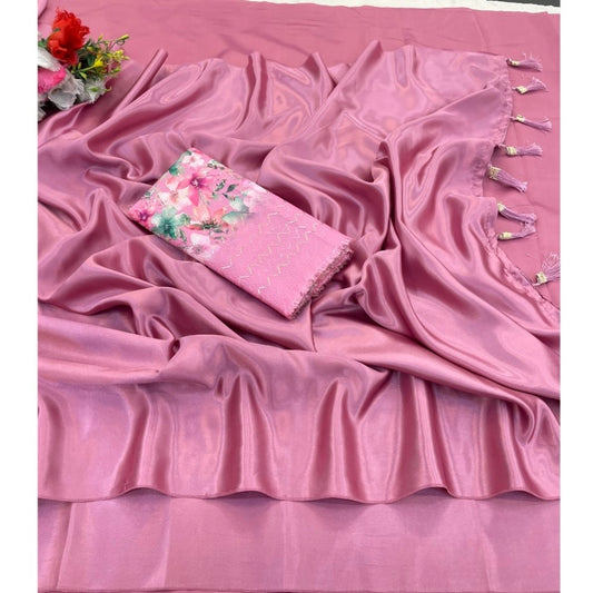 Generic Women's Satin Solid Saree With Unstitched Blouse (Pink, 5-5 Mtrs)