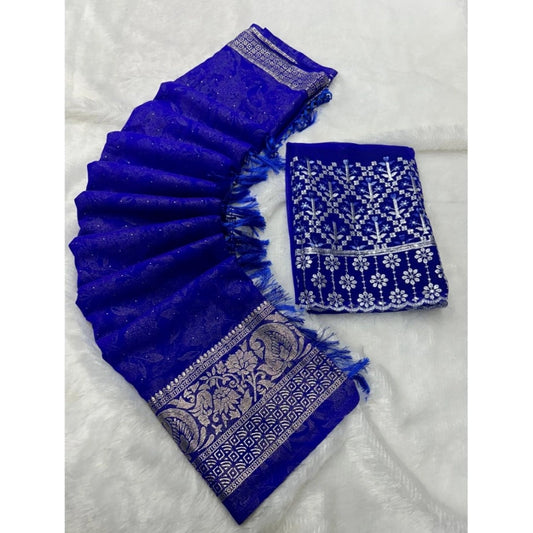 Generic Women's Georgette Printed Saree With Unstitched Blouse (Blue, 5-5 Mtrs)