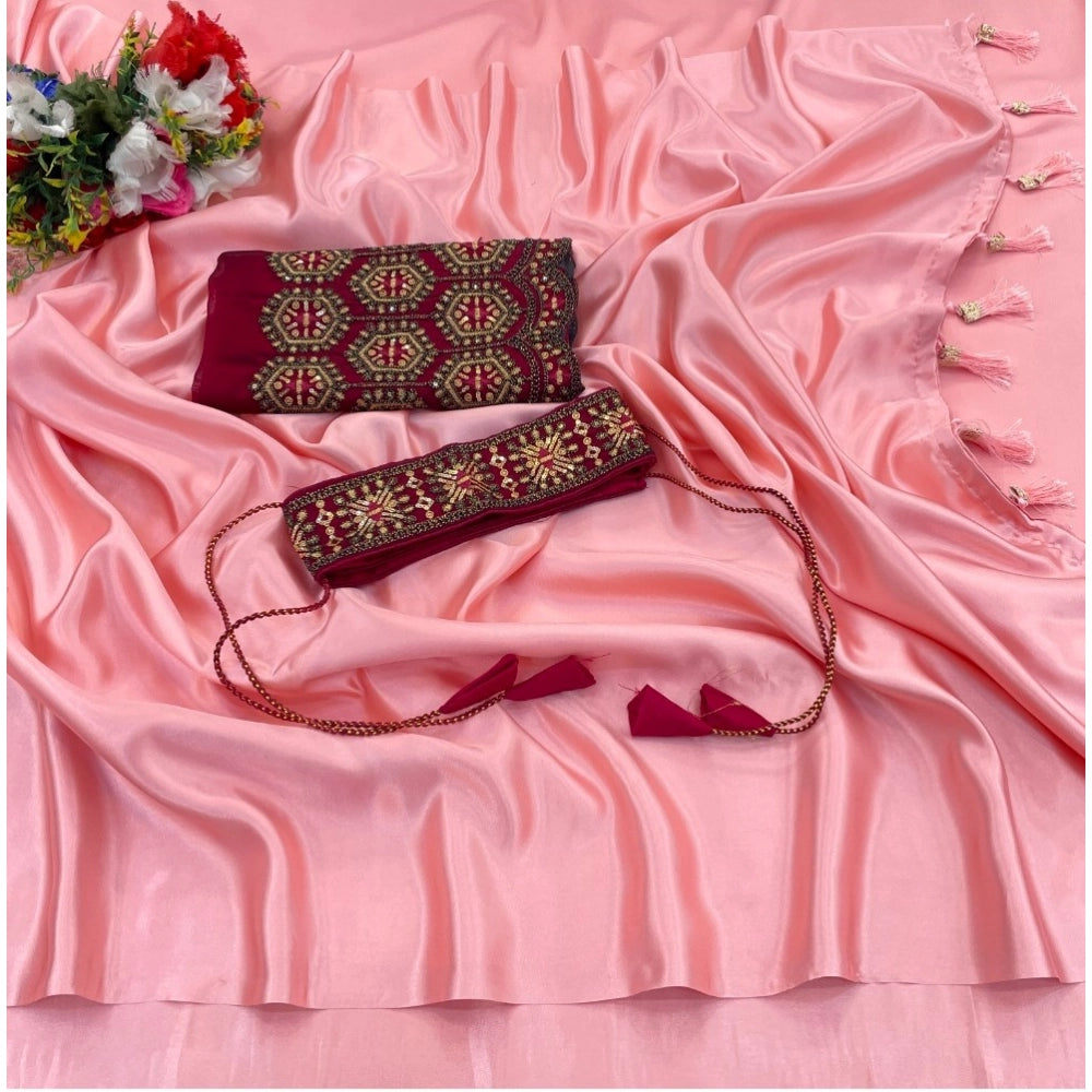 Generic Women's Satin Solid Saree With Unstitched Blouse (Pink, 5-5 Mtrs)