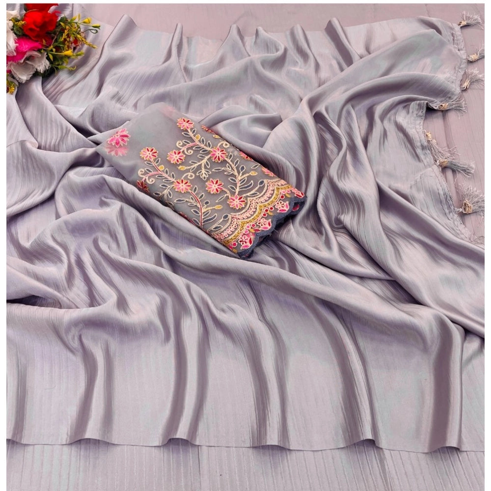 Generic Women's Satin Solid Saree With Unstitched Blouse (Purple, 5-5 Mtrs)