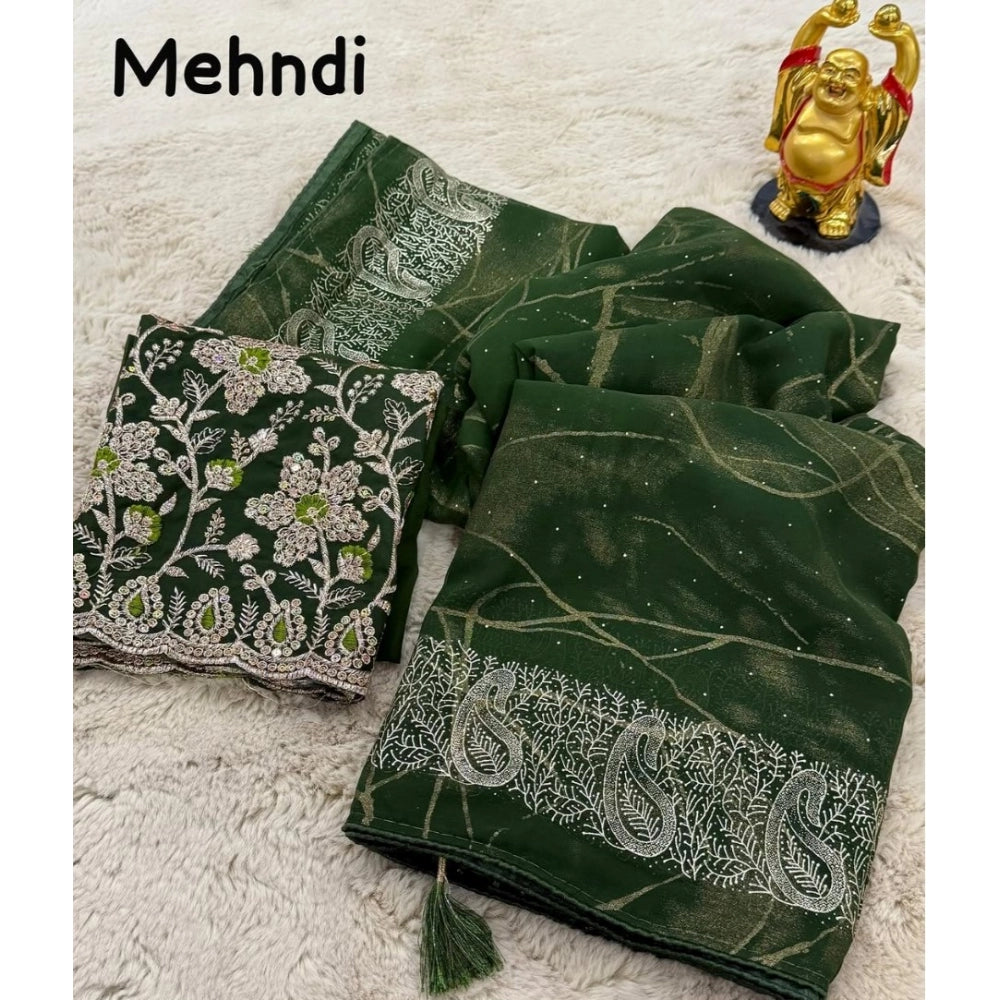 Generic Women's Georgette Printed Saree With Unstitched Blouse (Green, 5-5 Mtrs)