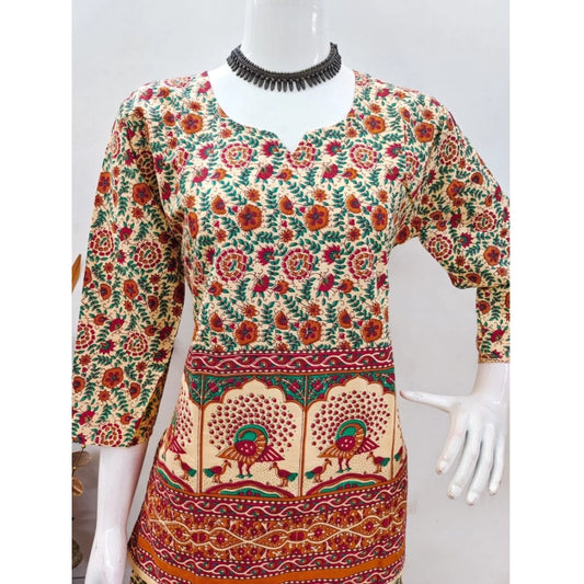 Generic Women's Cotton Jaipuri Printed 3-4th Sleeve Co ord Set (Multicolor)