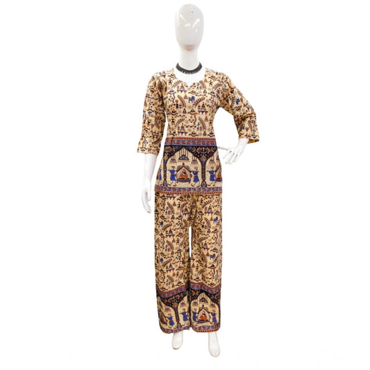 Generic Women's Cotton Jaipuri Printed 3-4th Sleeve Co ord Set (Multicolor)