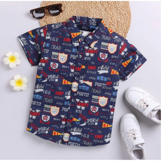 Generic Boy's Cotton Blend Printed Short Sleeve Shirt (Navy Blue)