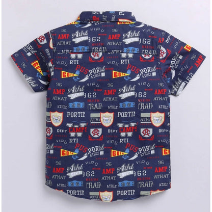 Generic Boy's Cotton Blend Printed Short Sleeve Shirt (Navy Blue)