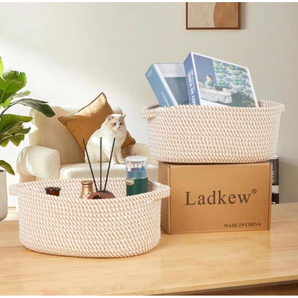 Generic Cotton 2 Pcs Oval Basket Storage Basket For Clothes (Beige)