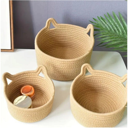 Generic Cotton Cat Basket Pack of 3 Storage Basket For Clothes (Brown)