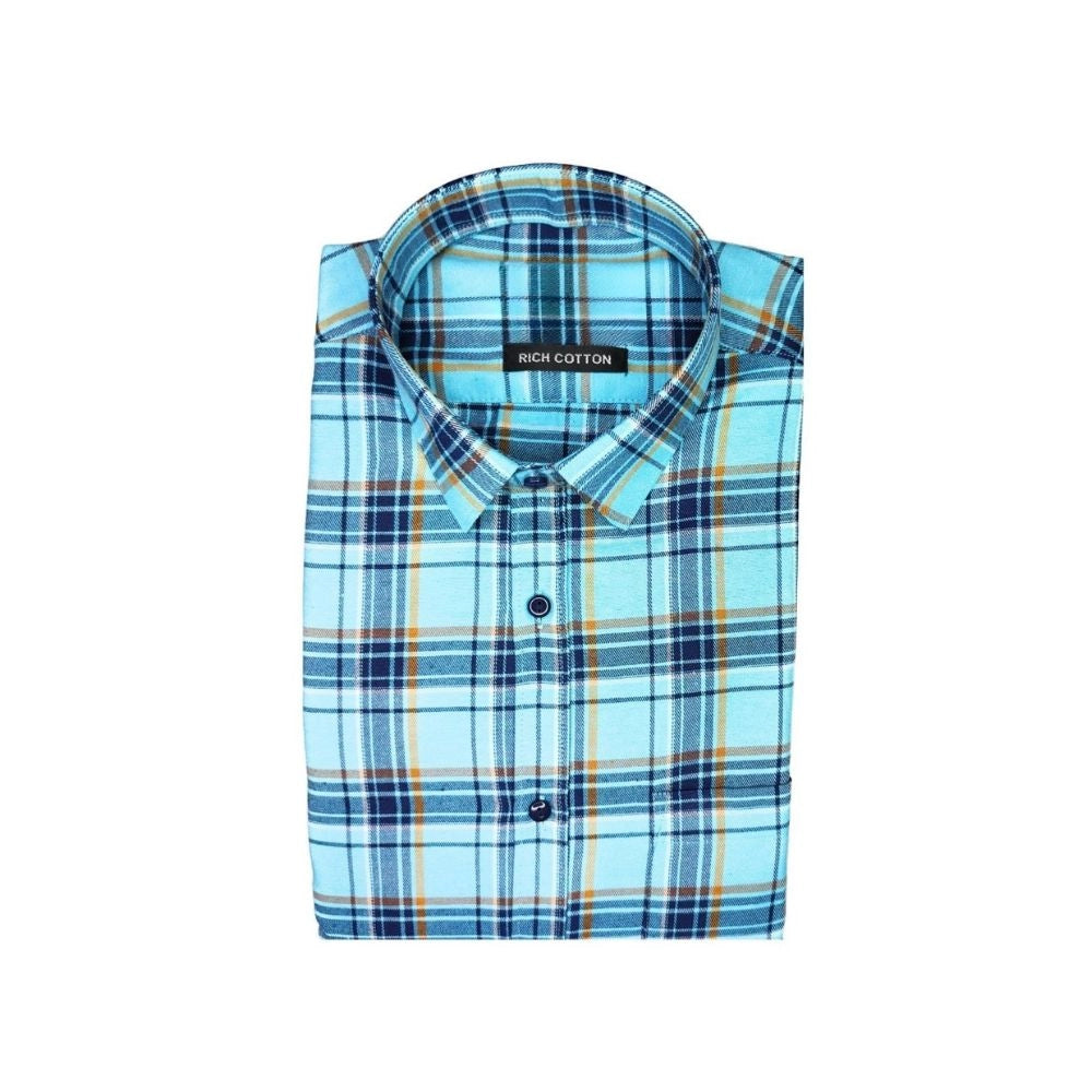 Generic Men's Cotton Lycra Full Sleeve Checked Casual Shirt (Turquoise)