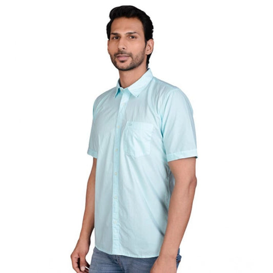 Generic Men's Casual Cotton Half Sleeve Solid Shirt (Turquoise)