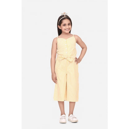 Generic Girl's Polyester Cotton Blend Striped Sleeveless Round Neck Dress (Yellow)