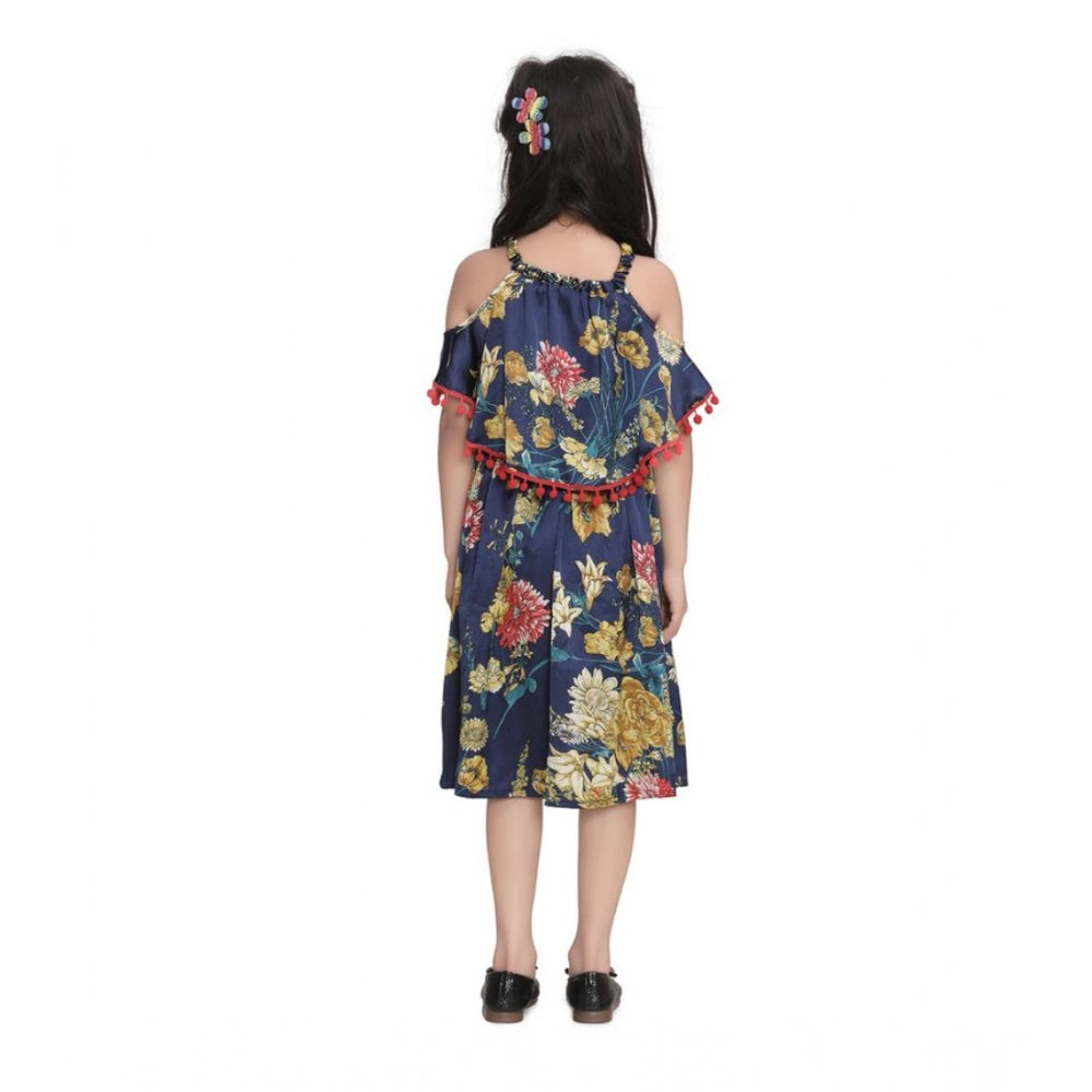 Generic Girl's Satin Floral Printed Cold Shoulder Round Neck Dress (Navy Blue)