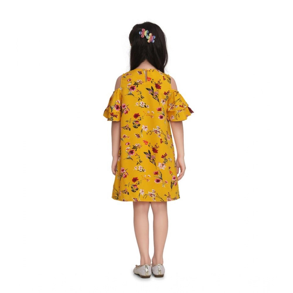 Generic Girl's Polyester Crepe Floral Printed Long Sleeve Round Neck Dress (Yellow)