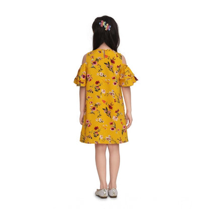 Generic Girl's Polyester Crepe Floral Printed Long Sleeve Round Neck Dress (Yellow)