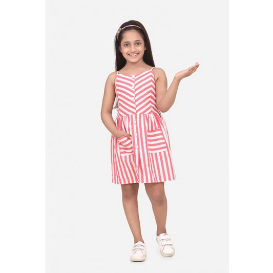 Generic Girl's Polyester Cotton Blend Striped Sleeveless Round Neck Dress (Pink)
