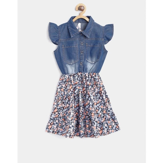 Generic Girl's Denim-Cotton Striped Flutter Shirt Collar Dress (Multicolor)