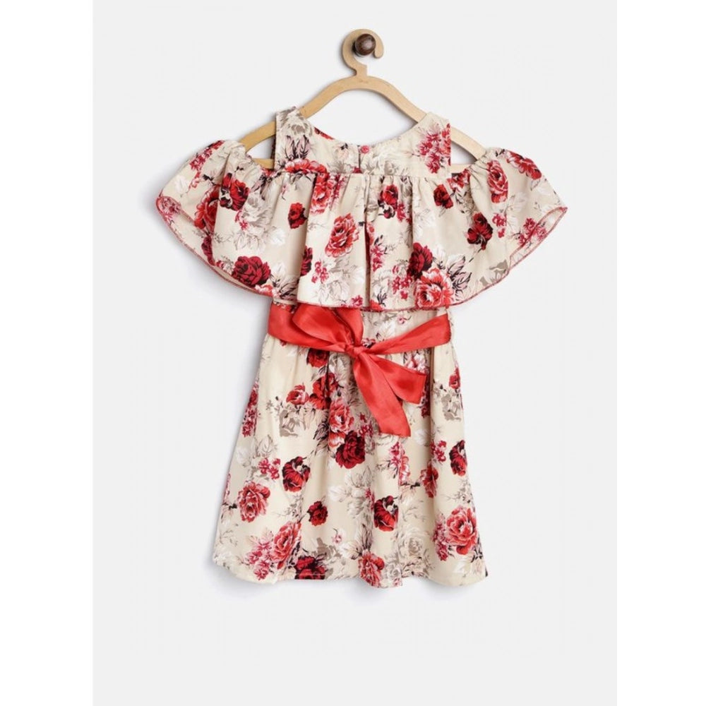 Generic Girl's Polyester Crepe Printed Short Sleeve Cold Shoulder Neck Dress (Cream-Red)
