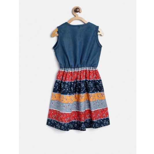 Generic Girl's Denim-Cotton Floral Printed Sleeveless Round Neck Dress (Multicolor)