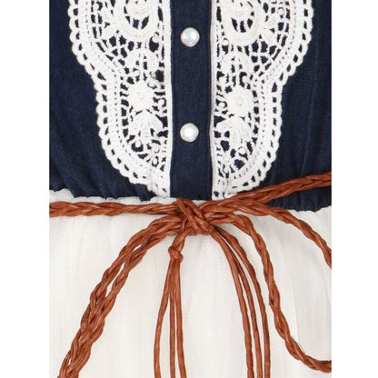 Generic Girl's Denim Embroidery Short Sleeve Round Neck Dress (White)